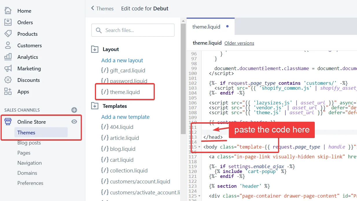 Secure Privacy script tag pasted just before the closing head tag inside the Shopify theme.liquid code editor