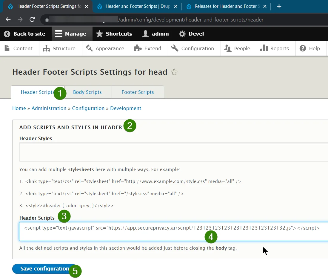 Drupal Header and Footer Scripts page with the Secure Privacy script entered and the Save configuration button ready to be clicked