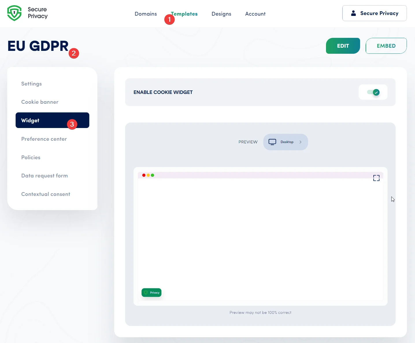 Secure Privacy Templates page showing the template selection screen and the Widget tab in the left navigation menu
