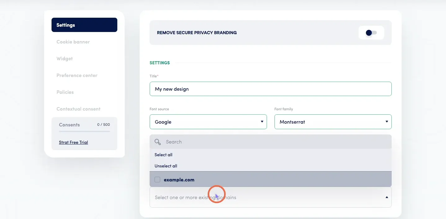 Secure Privacy design domain assignment panel showing domain selection for applying the new design configuration