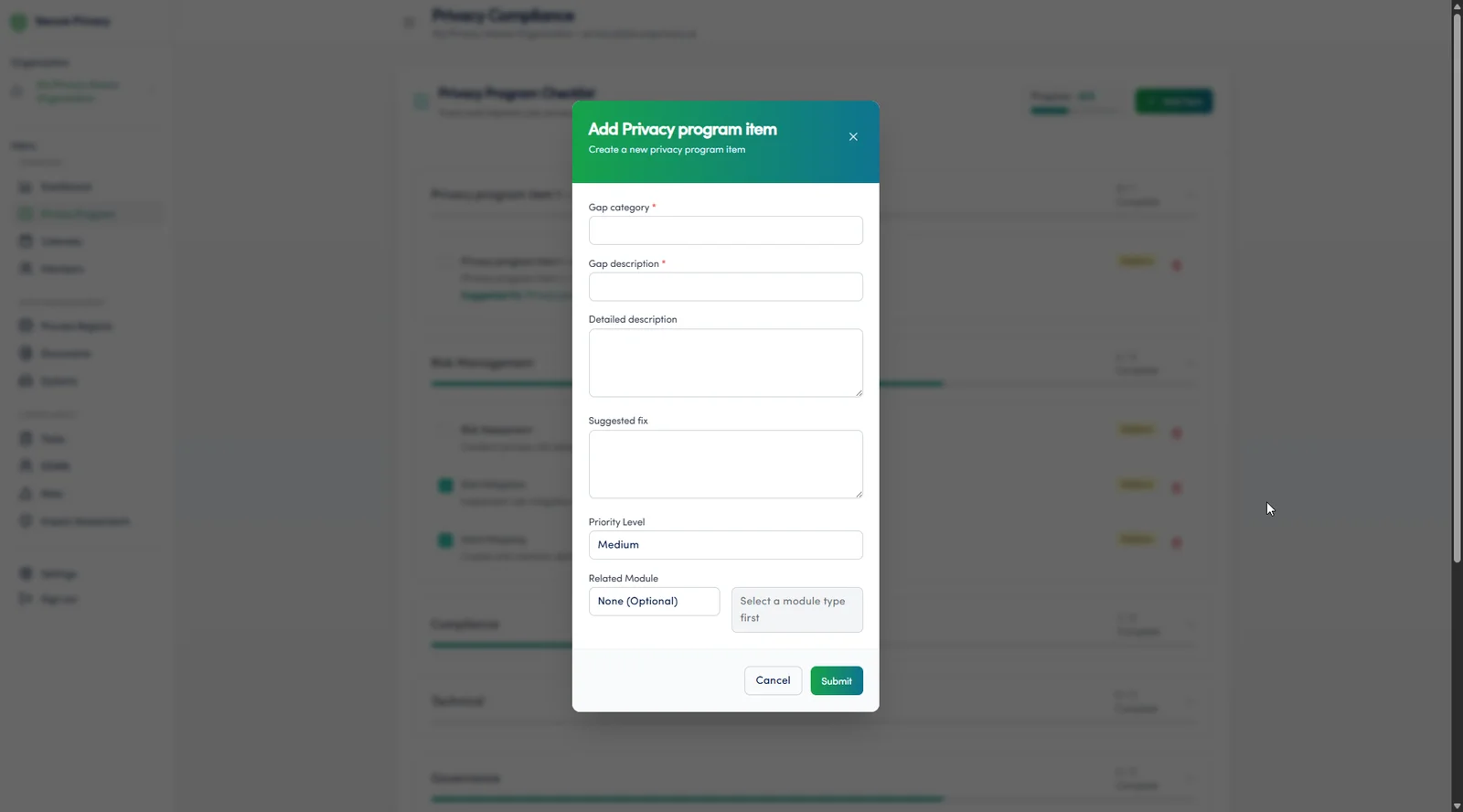 Secure Privacy Privacy Program module checklist showing completed and not completed privacy program elements with notes