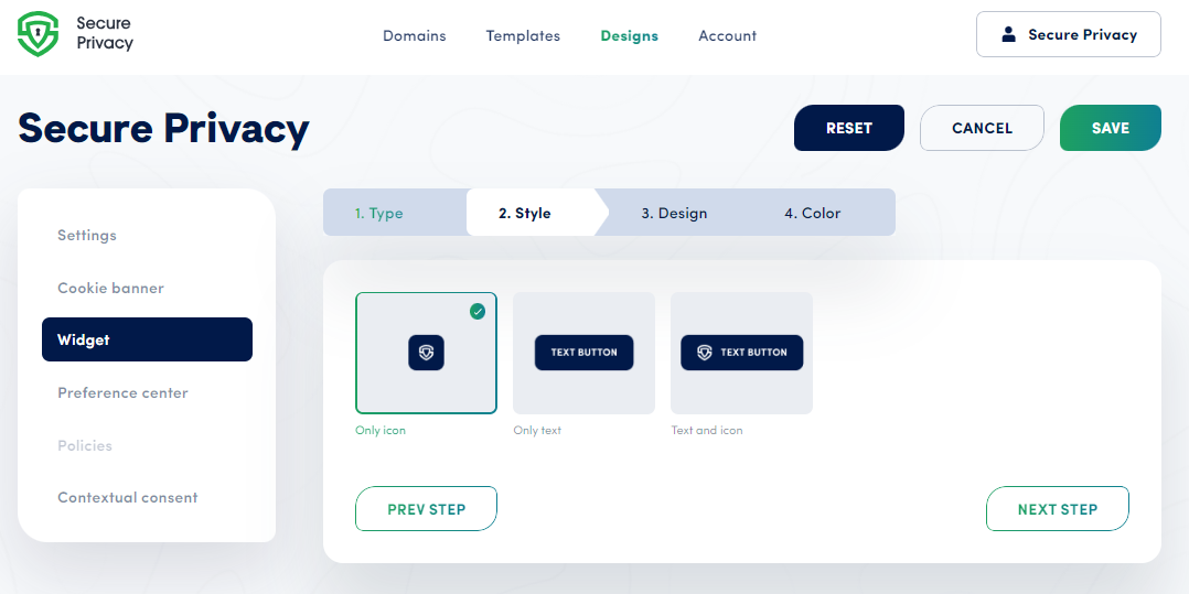 Secure Privacy widget preview panel showing the floating widget appearance across desktop, tablet, and mobile viewport sizes