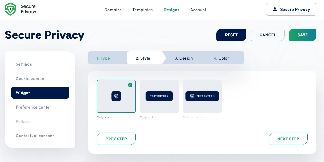 Secure Privacy widget preview panel showing the floating widget appearance across desktop, tablet, and mobile viewport sizes