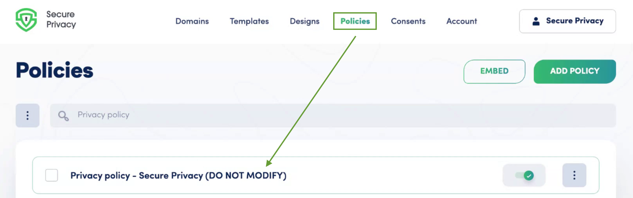 Secure Privacy Policy Editor interface showing the editing toolbar and policy content area