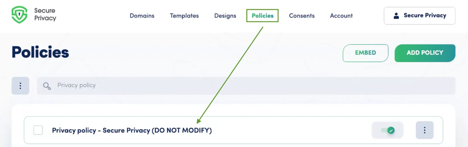 Secure Privacy Policy Editor interface showing the editing toolbar and policy content area