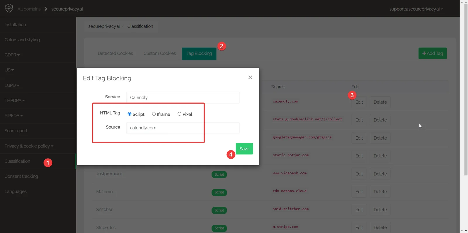 Secure Privacy Tag Blocking tab showing fields for adding script, iframe, and pixel sources to the blocking configuration