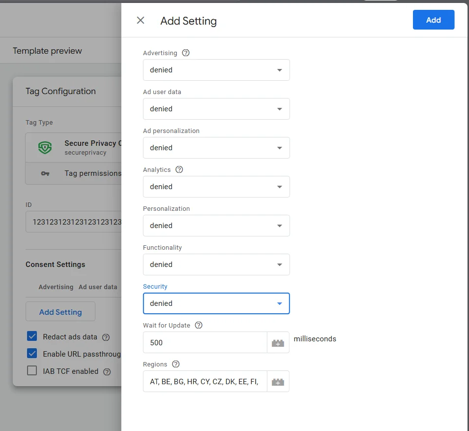 GTM tag default consent settings panel showing Granted and Denied options for each consent category