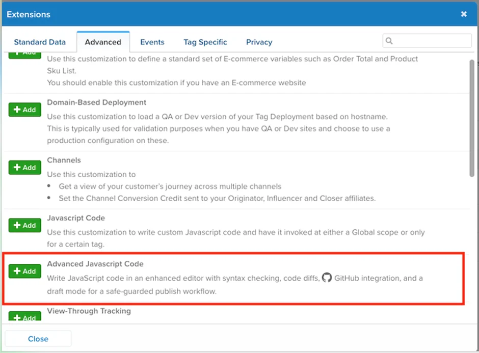 Tealium iQ Add Extension dialog showing the Advanced tab with Advanced JavaScript Code selected as the extension type