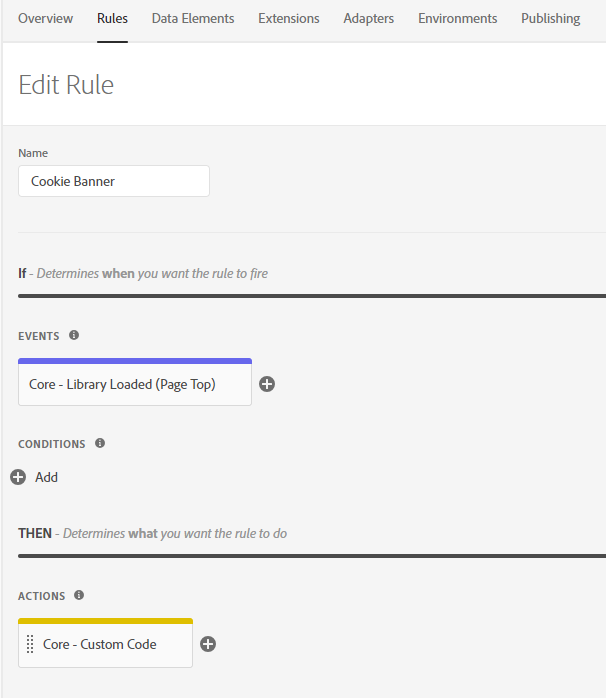 Adobe Launch HTML code editor showing the Secure Privacy installation script and cookie banner script added to the action configuration