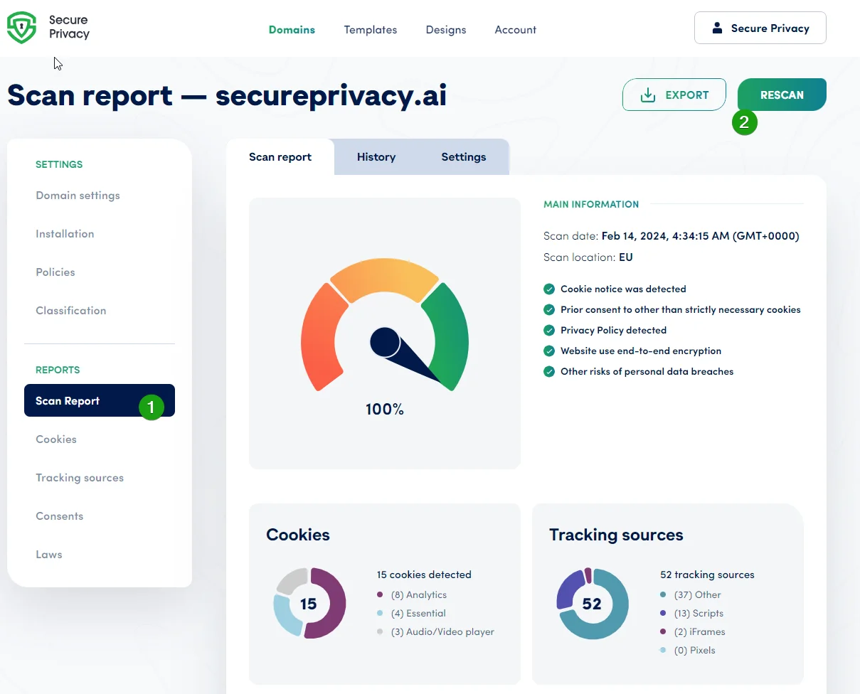 Secure Privacy Scan Report tab showing the Rescan Website button to trigger an updated cookie and service scan