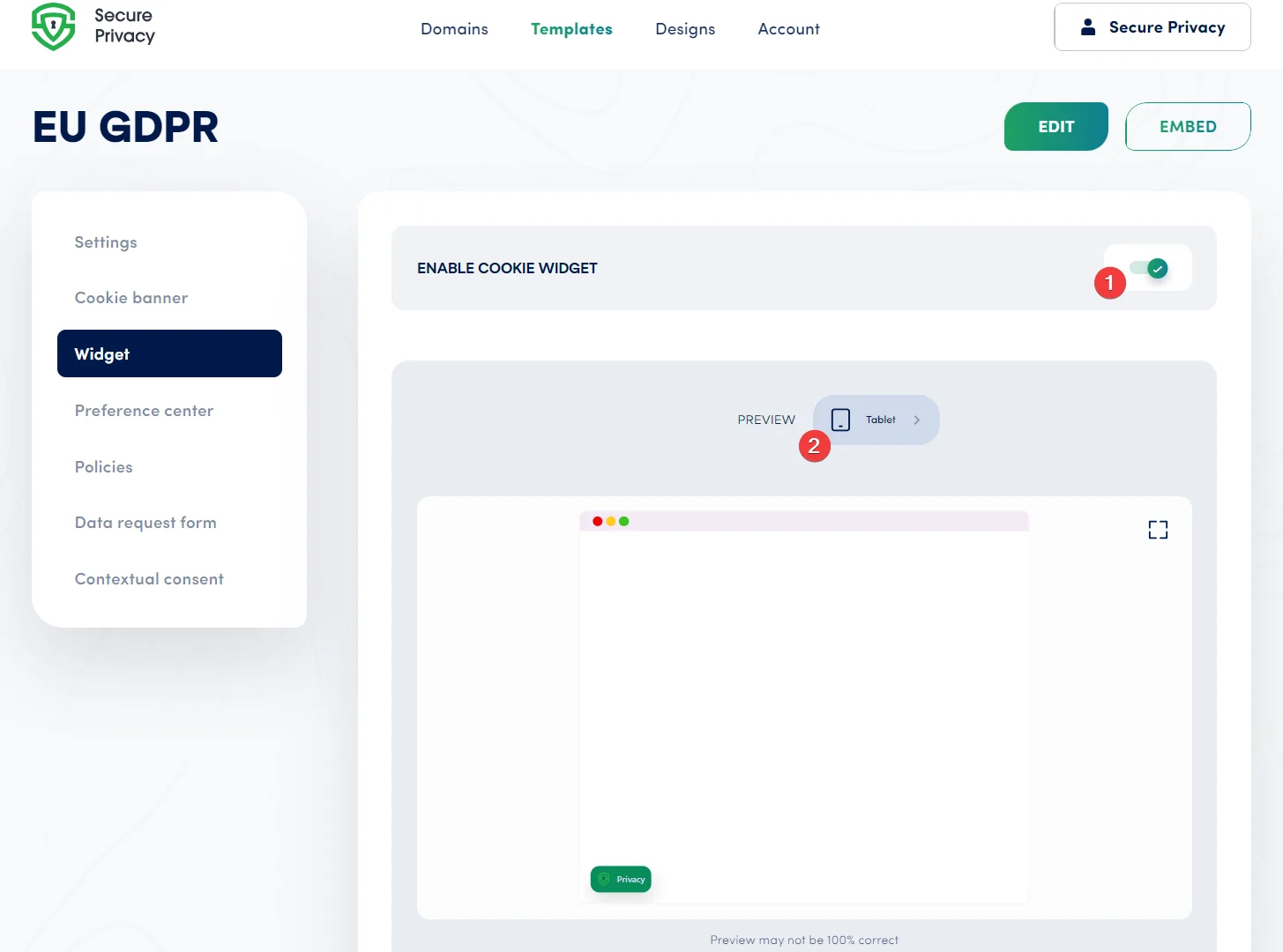 Secure Privacy cookie widget preview panel showing the trust badge displayed on desktop, tablet, and mobile screen sizes