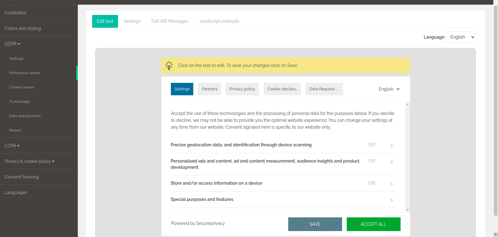 Secure Privacy preference center showing updated IAB TCF 2.0 tabs including the Partners tab
