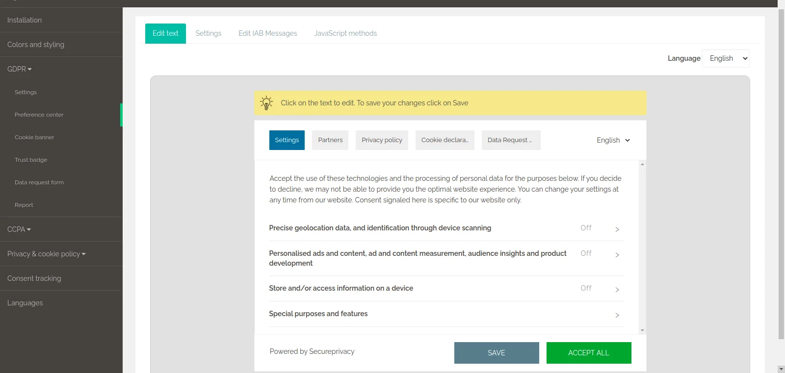 Secure Privacy preference center showing updated IAB TCF 2.0 tabs including the Partners tab