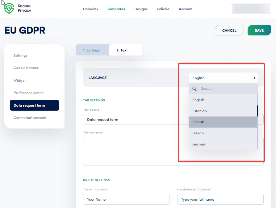 Secure Privacy DSAR form text editor showing customizable field labels, request type headings, and language selector