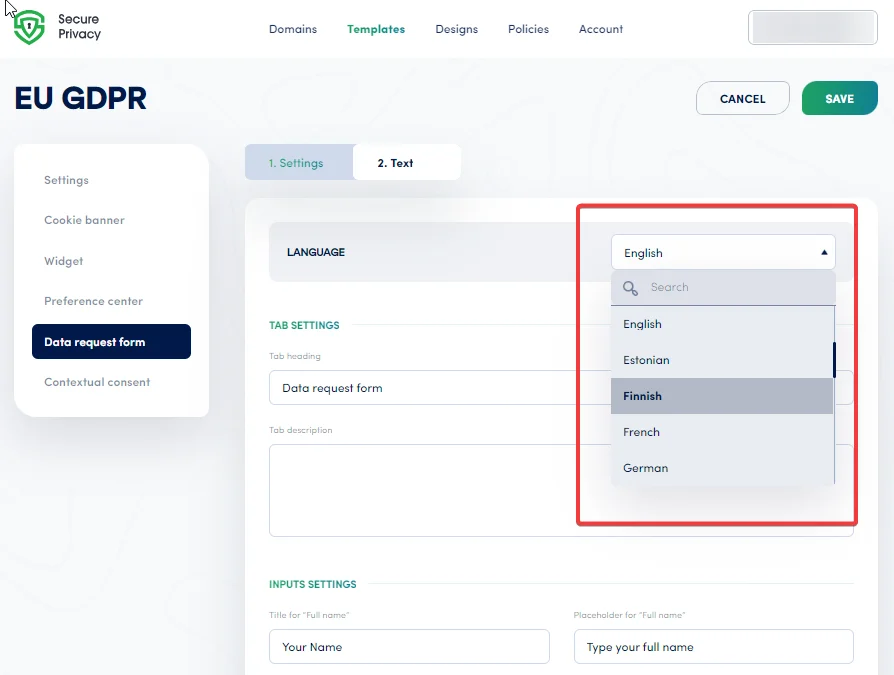 Secure Privacy DSAR form text editor showing customizable field labels, request type headings, and language selector