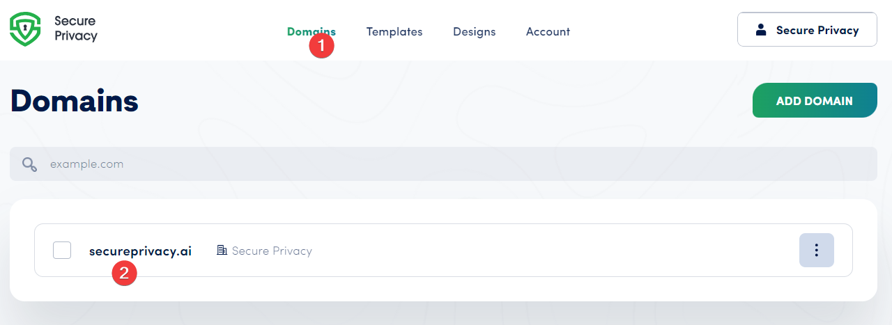 Secure Privacy dashboard Domains tab — select a domain to open its cookie classification settings