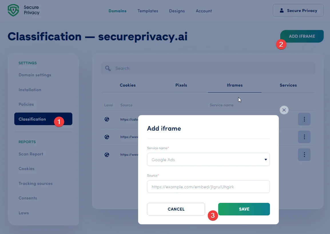 Secure Privacy Add Iframe dialog — configure Source URL and Service Name for a custom embedded content entry