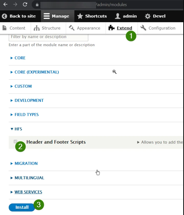 Drupal Extend page with the Header and Footer Scripts module checkbox selected and the Install button highlighted