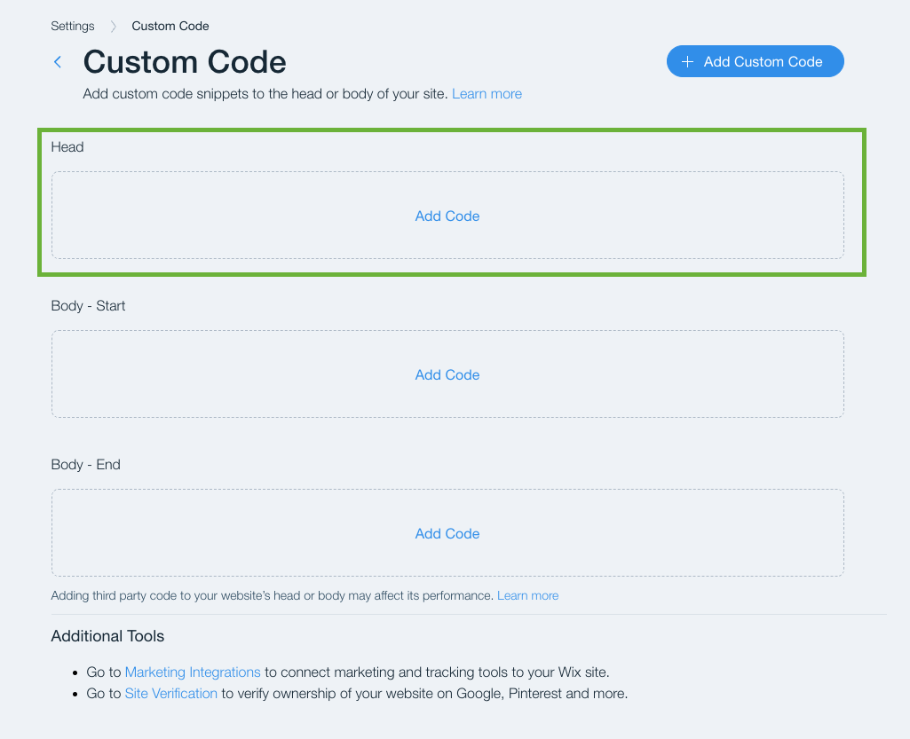 Wix Settings Custom Code page showing the Add Code button under the Head section for inserting the Secure Privacy script
