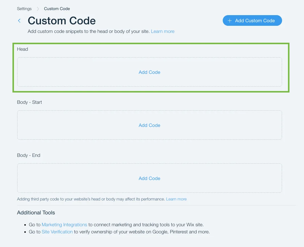Wix Settings Custom Code page showing the Add Code button under the Head section for inserting the Secure Privacy script