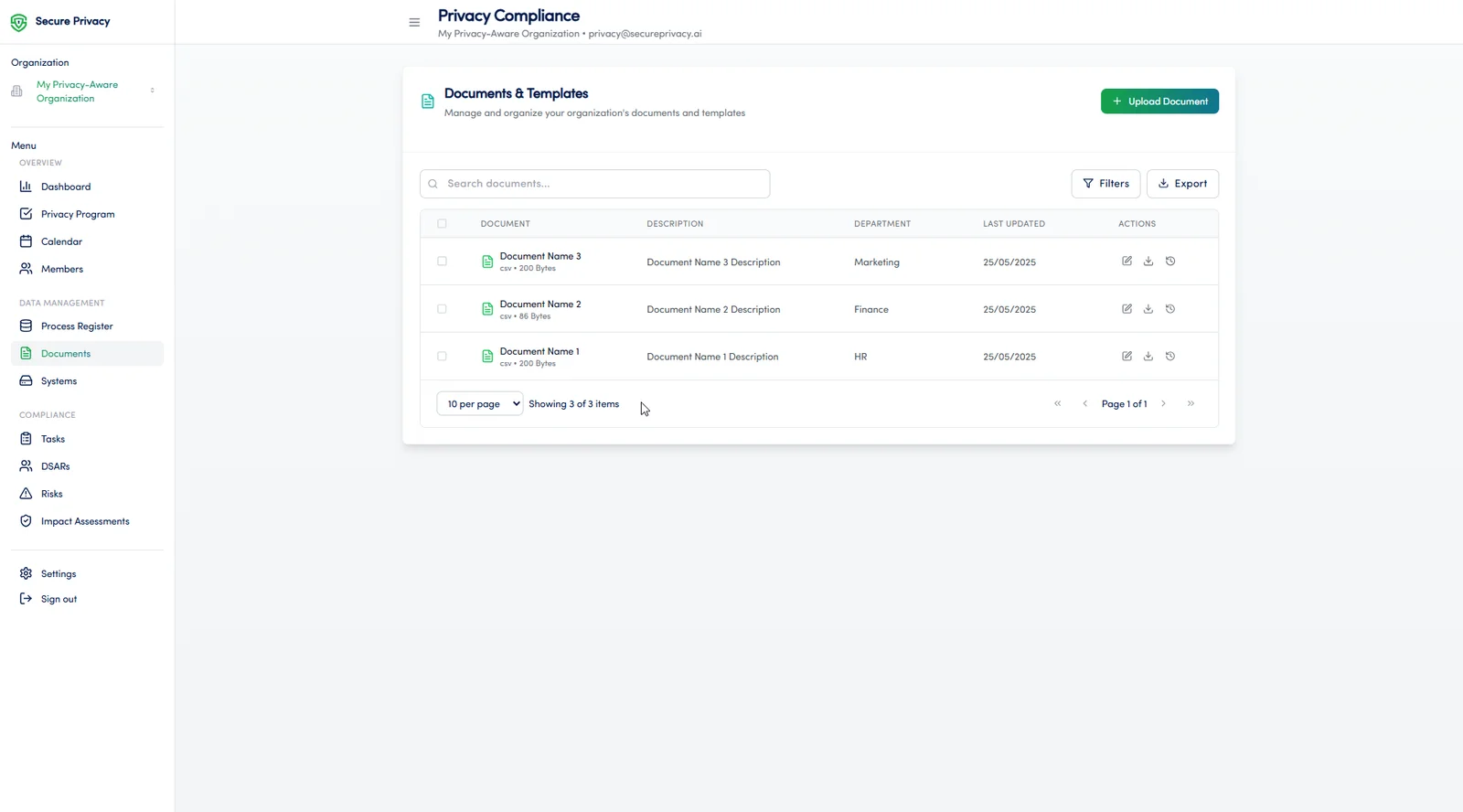 Secure Privacy Governance Solution Documents module showing centralized compliance document repository with upload and permissions controls