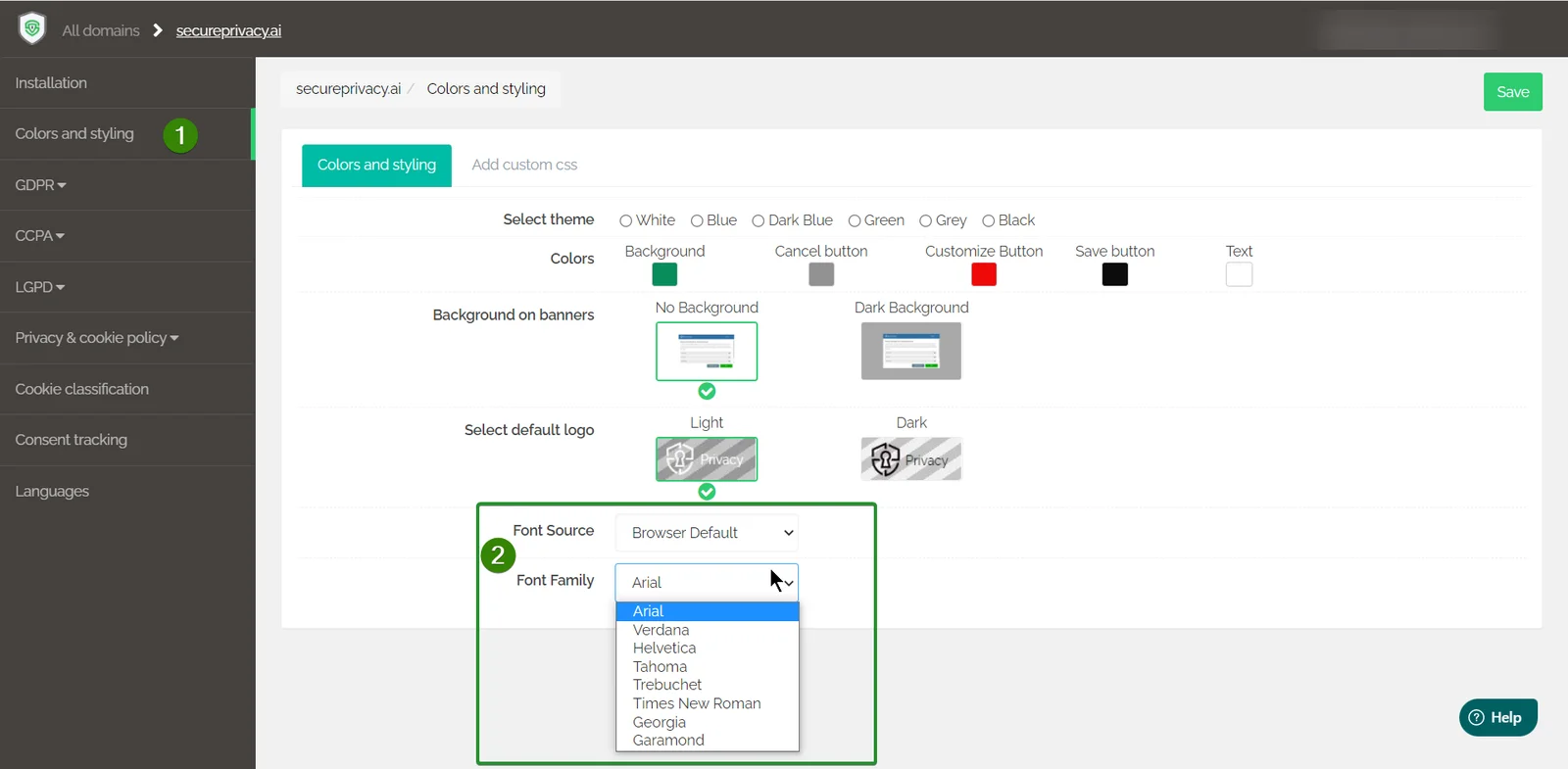 Secure Privacy Colors and Styling sidebar showing Font Source options — Google CDN and Browser Default — with Save button