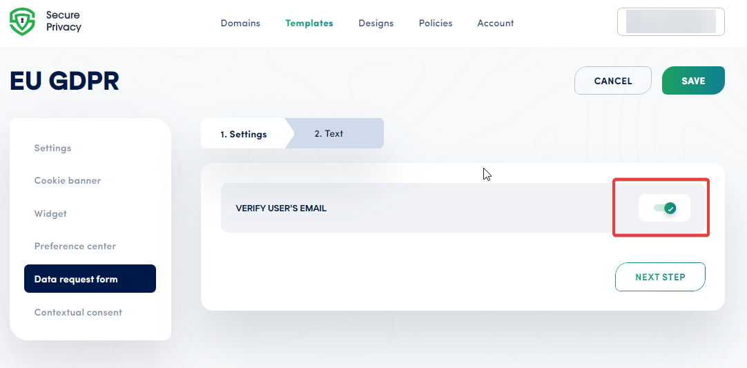 Secure Privacy DSAR form settings showing the Verify User's Email toggle enabled for identity verification before request processing