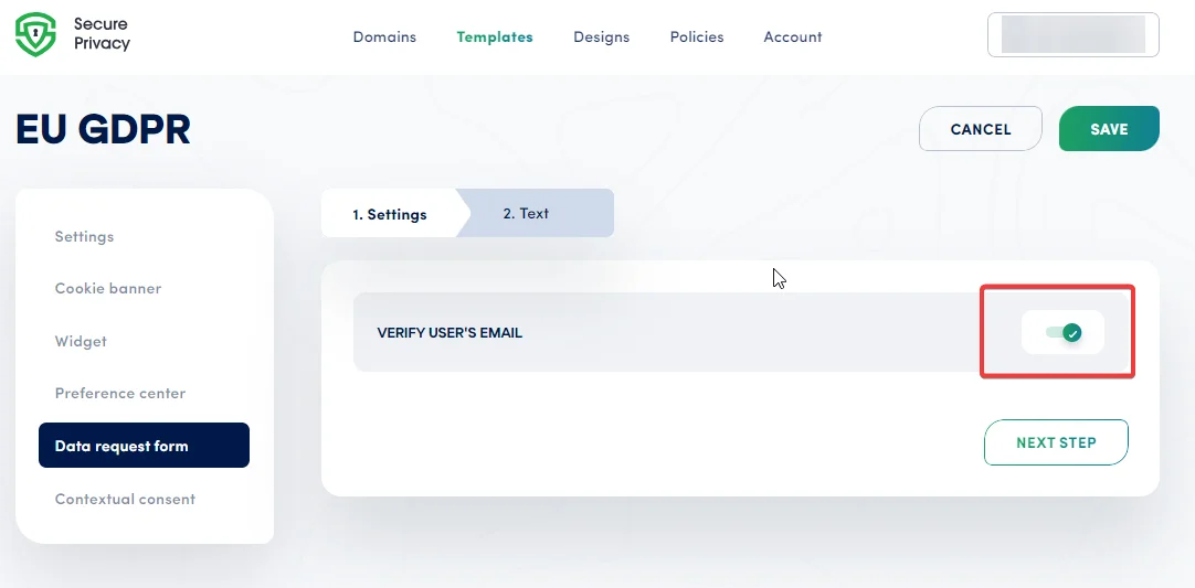 Secure Privacy DSAR form settings showing the Verify User's Email toggle enabled for identity verification before request processing