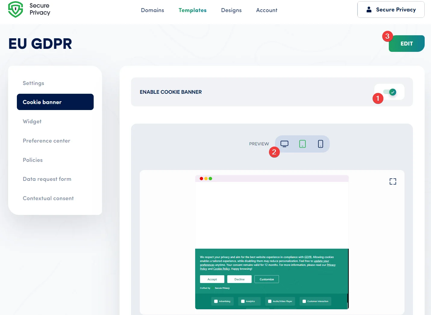 Clicking the Edit button to open the cookie banner editor in Secure Privacy