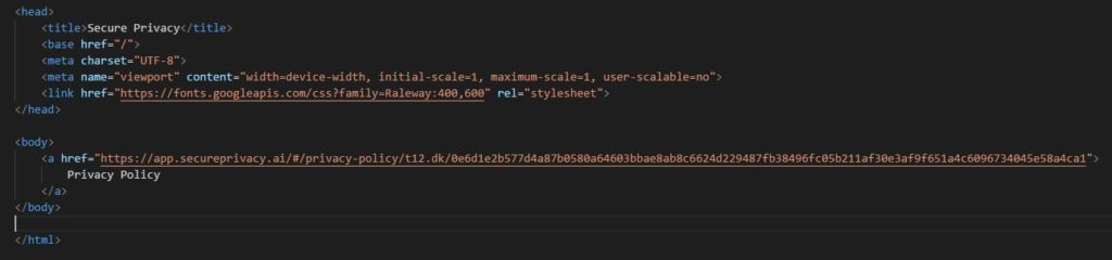 HTML editor showing the Secure Privacy privacy policy hyperlink embed code pasted inside the body section of a webpage