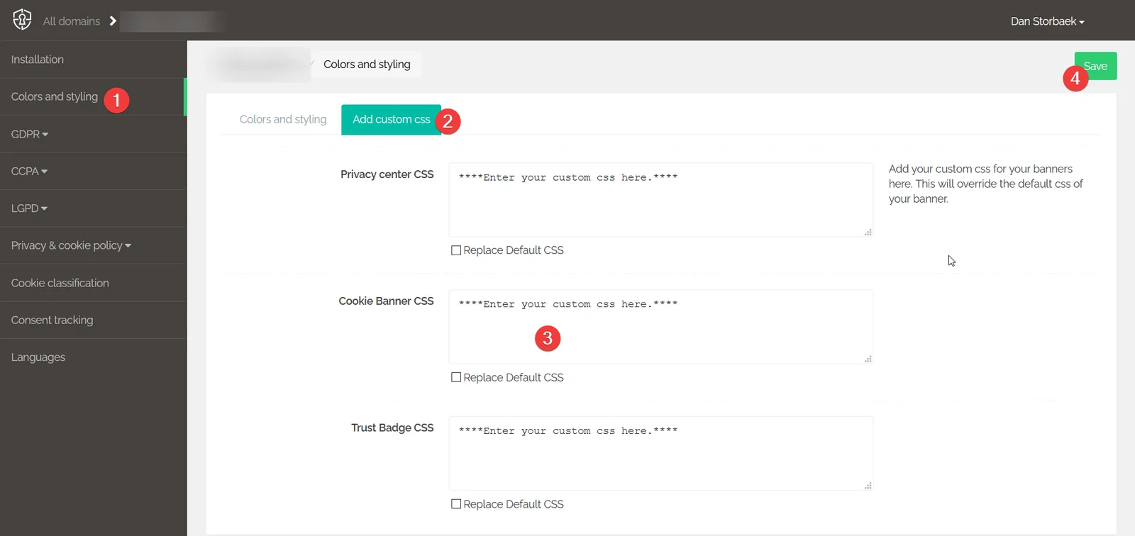 Secure Privacy Banners settings showing the Add Custom CSS text box and Replace Default CSS option