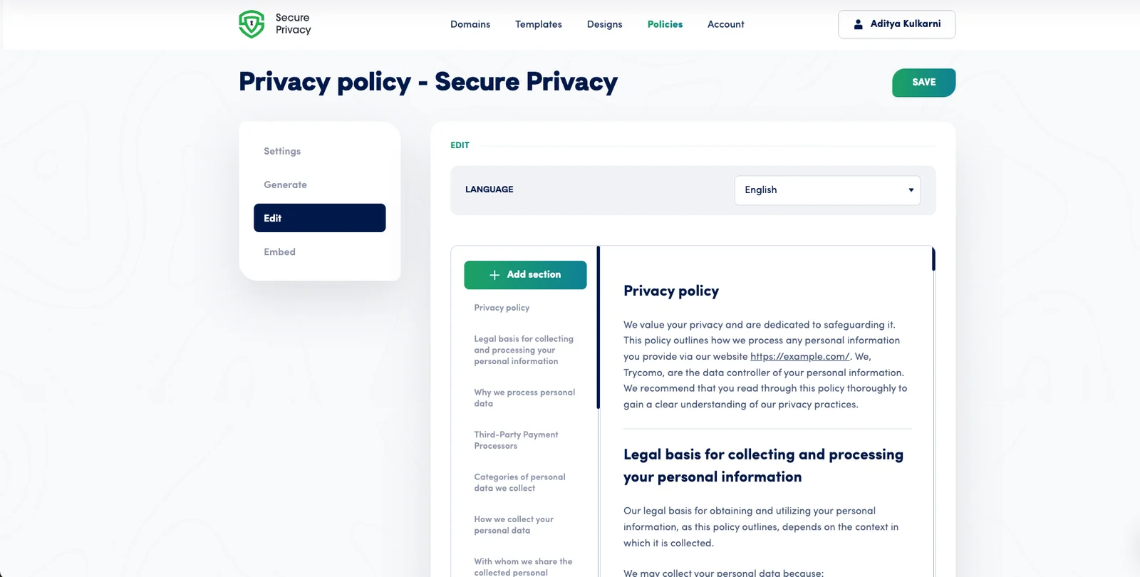 Secure Privacy block-based policy editor showing the editable policy content with placeholder text highlighted for replacement