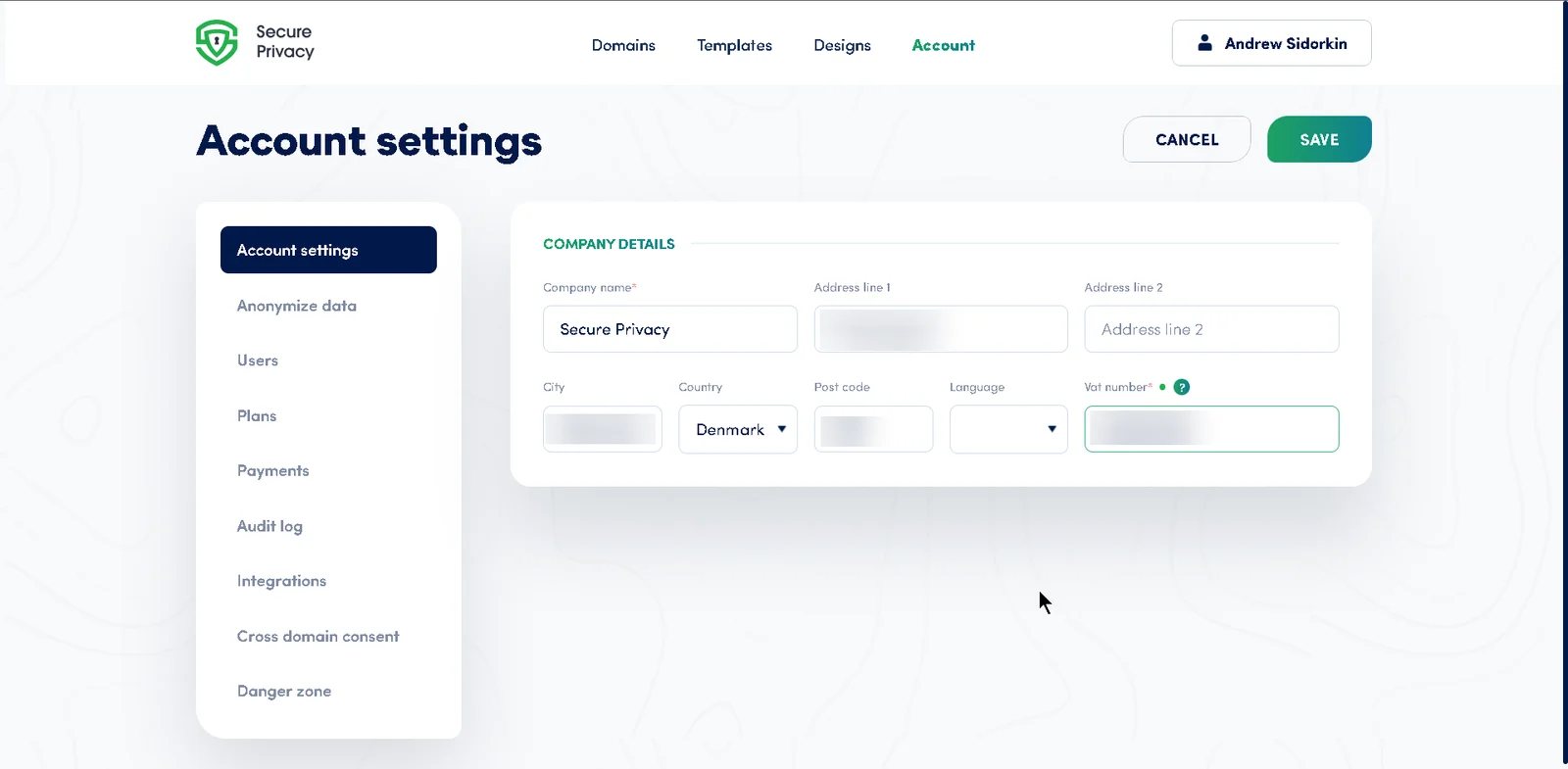 Secure Privacy Account Settings page showing editable company profile fields including company name, address lines, city, country, post code, language preference, and EU VAT number