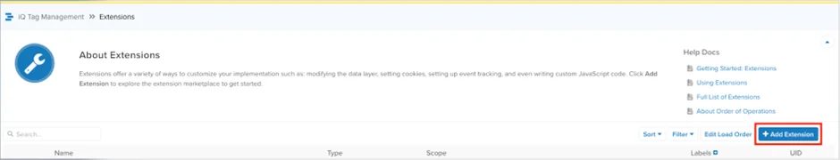 Tealium iQ Extensions page showing the Add Extension button to create a new JavaScript extension