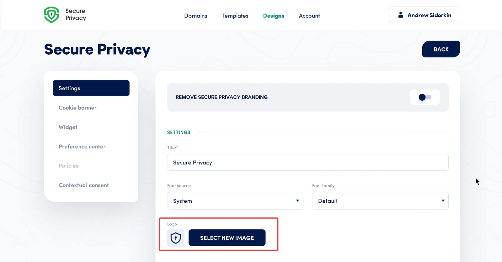 Secure Privacy Design Settings Logo section showing the Select new image button and Upload option for adding a custom logo