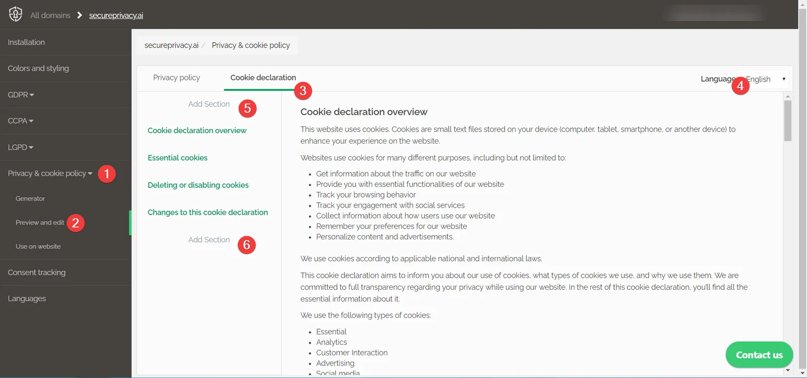 Secure Privacy Cookie Declaration editor showing Add Section button and modal window with Heading and Description fields