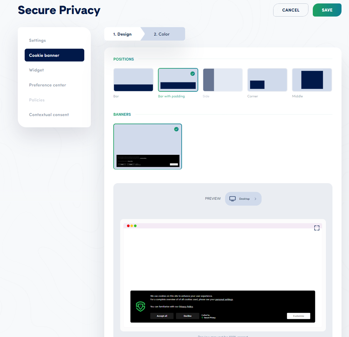 Secure Privacy cookie banner showing Bar with Padding position design with spacing around the banner edges