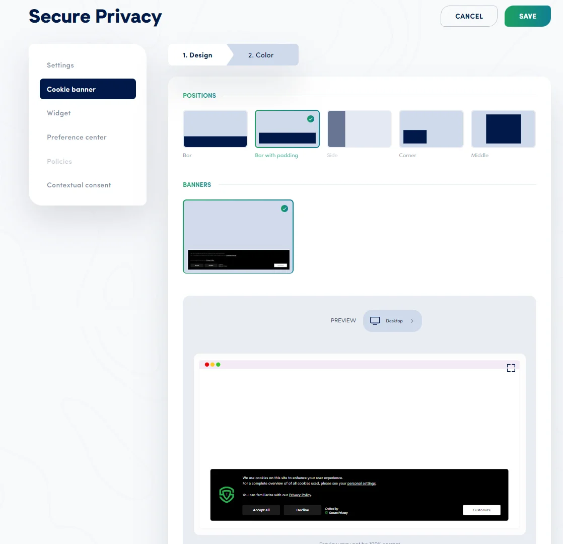 Cookie banner bar layout with padding showing a floating appearance with margins on all sides