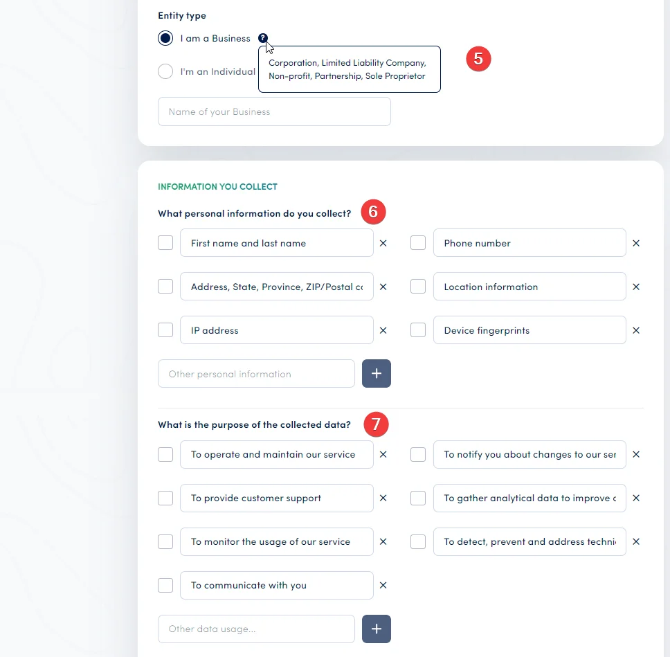 Secure Privacy privacy policy generator showing fields for personal information categories, purpose of data collection, and data storage location